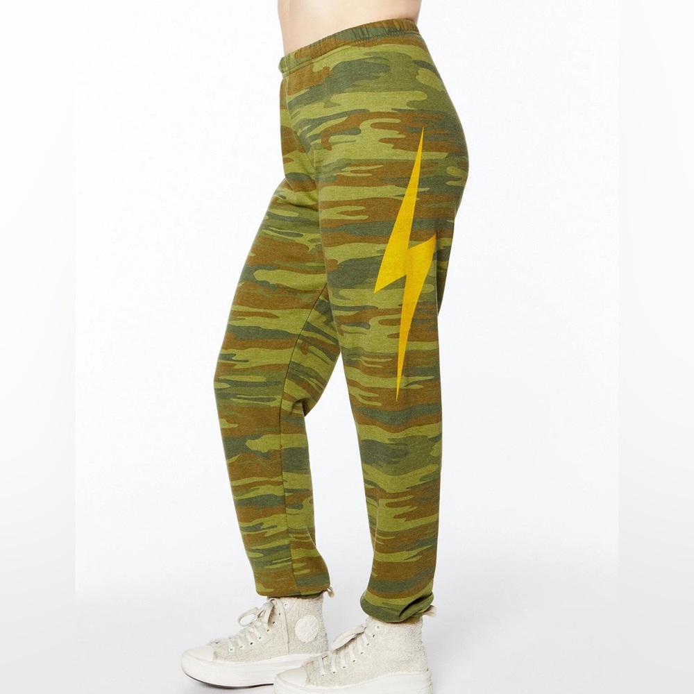 Aviator Nation Camo Sweatpants with Yellow Bolt Size Medium